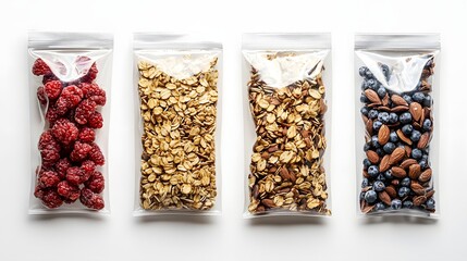 48. Organic granola packs with transparent pouches showing texture