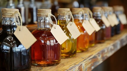 49. Specialty vinegar bottles with elegant paper tags tied around necks