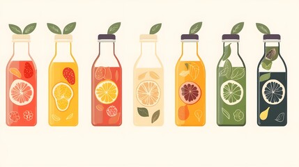 73. Glass bottles of cold-pressed juice with simple fruit graphics