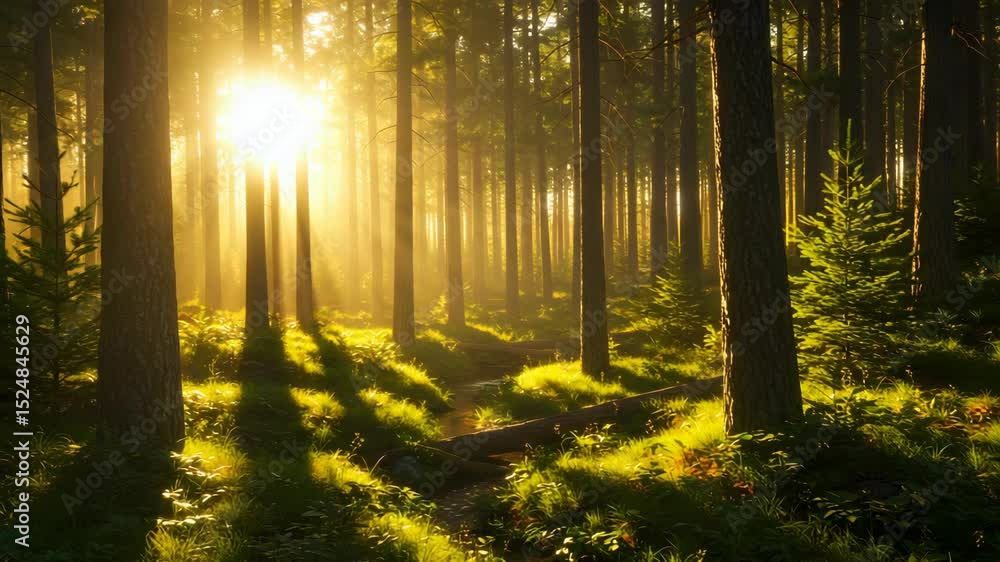 Poster sunlight streaming through a dense green forest creating golden glow and shadows in a natural outdoo