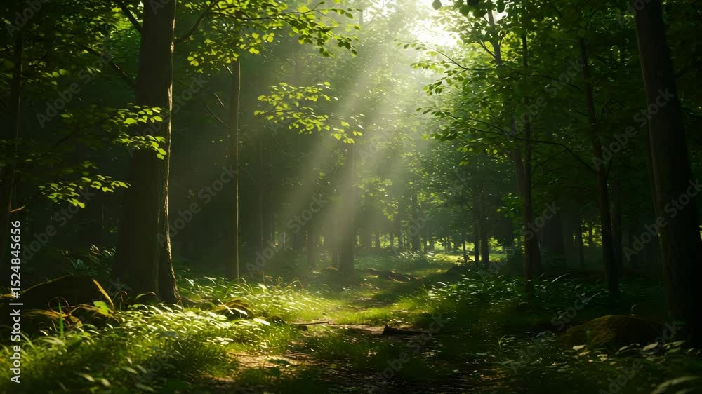 Poster sunlight streaming through dense green forest illuminating path creating peaceful natural scene