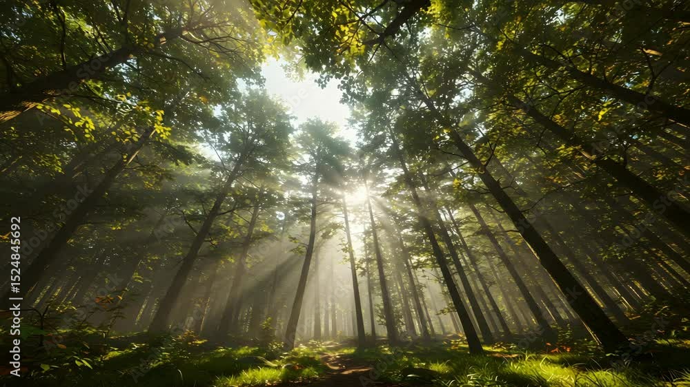 Poster sunlight streams through green trees in forest with pathway low angle shot during daytime
