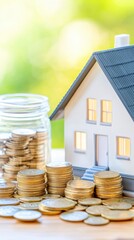 Dream Home Investment: A model house rests beside piles of gold coins and a glass jar filled with money, with soft natural background, showcasing investment potential and dreams.