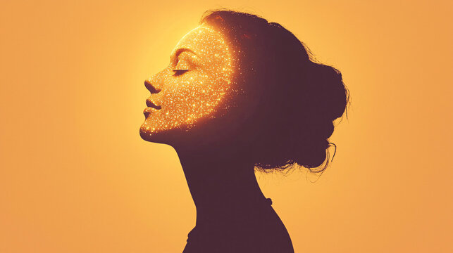 Radiant woman with sunlight shining on her face capturing a moment of joy and serenity outdoors.