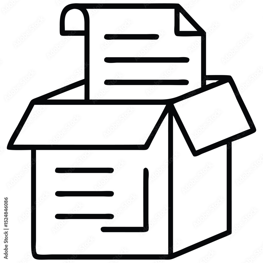 Poster sketch of documents overflowing from an open cardboard box icon design