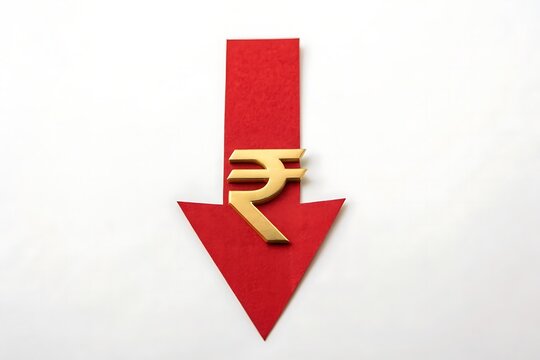 Indian rupee currency value decreasing with red arrow isolated on white background