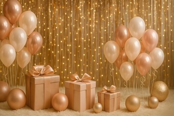 Elegant gold balloon setup with wrapped gifts and glowing festive lights