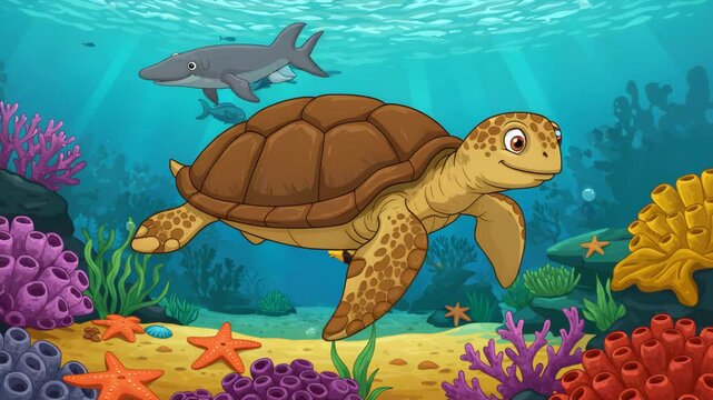 Underwater Pixel Art of Turtle Swimming with Coral Reef and Marine Life In A Colorful Ocean Background