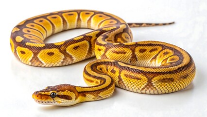 Fototapeta premium Ball python snake curled on white background, close-up of exotic pet with yellow and brown pattern 