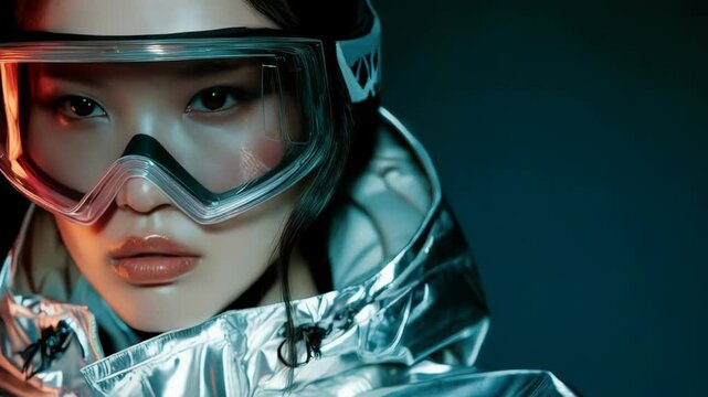 Sporty model captures attention in futuristic ski gear showcasing the latest winter fashion trends indoors