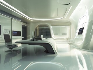 Futuristic executive meeting room with sleek curved desk and glowing ambient lighting for high-tech design.