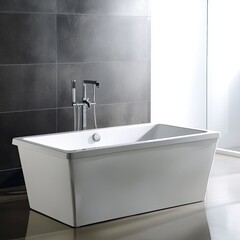 A sleek, modern, rectangular bathtub with chrome fixtures, sits against a dark grey tiled wall