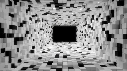 Monochrome tunnel with geometric cubes creating an abstract perspective and depth illusion