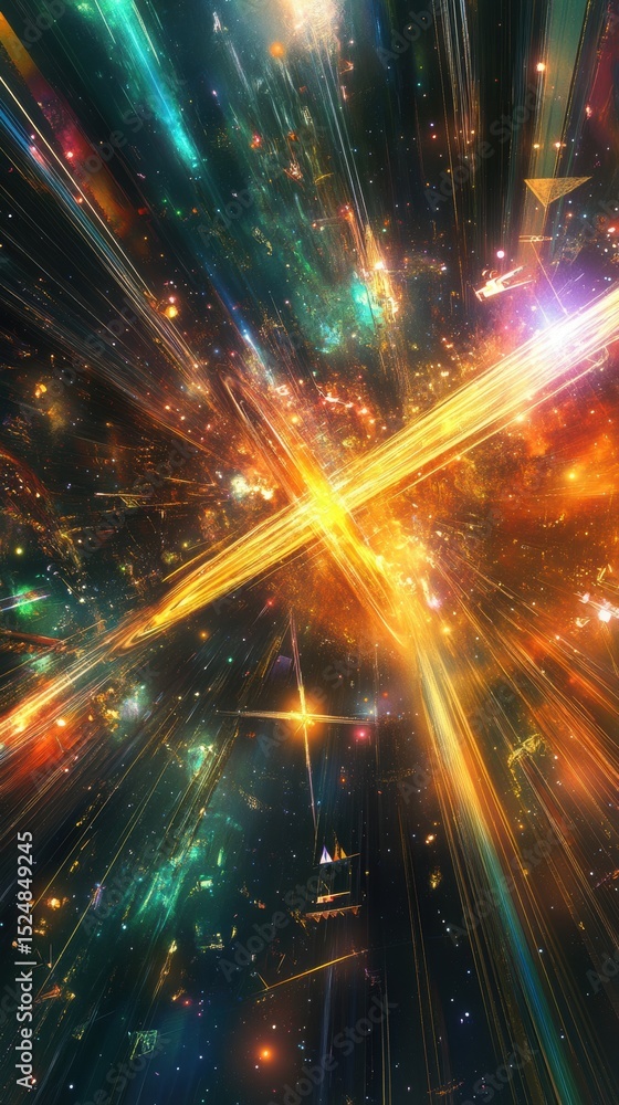 Poster abstract space exploration with light streaks and distant structures in the cosmos