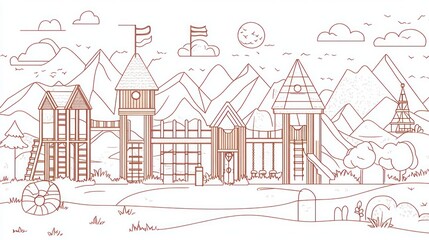 Obraz premium Line drawing of a playground with mountains