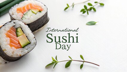 Celebrate International Sushi Day with Fresh Maki Rolls: A Festive Composition Featuring Salmon, Rice, Seaweed, and Decorative Greenery on a White Surface.