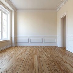Obraz premium Empty room with hardwood floors, large window, and classic molding