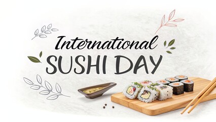 Celebrate International Sushi Day with a delicious spread of assorted sushi rolls, accompanied by soy sauce, presented on a wooden board against a clean, white background.