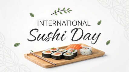 Celebrate International Sushi Day with a beautifully presented assortment of maki rolls, including salmon nigiri, served on a wooden tray with chopsticks, perfect for a delicious celebration.
