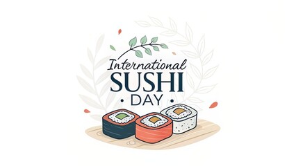 Celebrate International Sushi Day with a Hand-Drawn Style Graphic Featuring Three Delicious Sushi Rolls Decorated with Elegant Floral Elements on a Clean White Background.