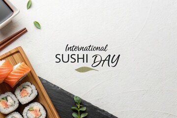 Celebrate International Sushi Day with fresh salmon and maki rolls elegantly arranged on a wooden board, soy sauce, chopsticks, and green leaves against a clean white background.