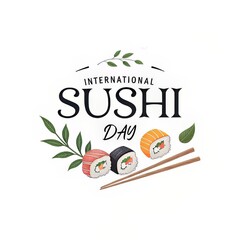 Celebrating International Sushi Day: A Delicious Illustration of Sushi Rolls, Chopsticks, and Greenery on a Clean White Background.