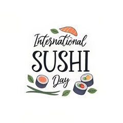 Celebrating International Sushi Day with a playful illustration featuring sushi rolls, sashimi, green onions, and fresh leaves on a clean white background, perfect for event promotion.