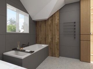 Contemporary bathroom with a sleek bathtub, natural wood accent wall, matte gray panels, and a large window bringing in daylight. Minimalist elegance with cozy ambiance
