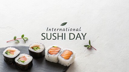 Fresh Salmon Sushi Rolls on Black Slate with "International Sushi Day" Text Overlay on a Clean White Background for Culinary Celebration
