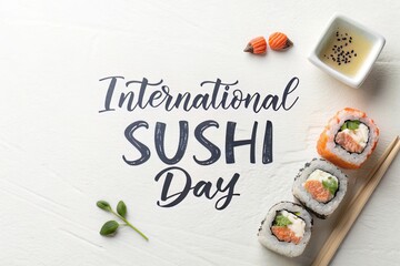 International Sushi Day celebration featuring California rolls, soy sauce, salmon roe garnish and chopsticks on a clean white textured background, offering a fresh and inviting culinary experience.