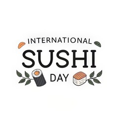 Celebrating International Sushi Day with a Delightful Cartoon Graphic featuring Delicious Sushi Pieces and Elegant Green Leaves on a Clean White Background.
