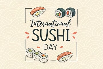Celebrate International Sushi Day with this charming illustration featuring fresh nigiri and maki rolls, perfect for posters, menus, and social media promotions