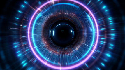 Sci-fi enhanced vision lens with concentric neon-blue scanning rings