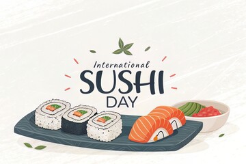 Celebrating International Sushi Day:  A Festive Illustration Featuring Maki, Nigiri, Wasabi, and Ginger Displayed on a Dark Grey Tray on Bright Background.