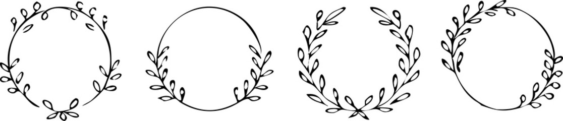 Set of black laurels wreath frames branches with circle borders. Hand drawn collection laurel leaves decorative elements. award, Leaves, invitation decoration, swirls, ornate. Vector icon illustratio