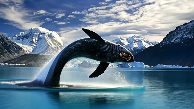 Breathtaking aerial shot showcasing a majestic humpback whale breaching the serene waters of the bay, with snow-capped mountains forming a stunning backdrop under the expansive sky