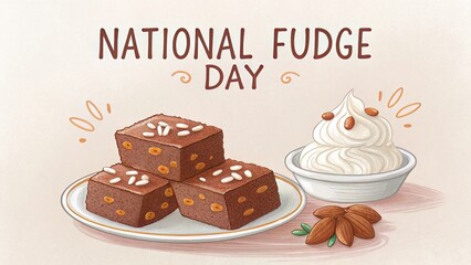 Celebrate National Fudge Day with this charming illustration featuring a stack of delicious almond fudge brownies, whipped cream, and scattered almonds on a soft background.