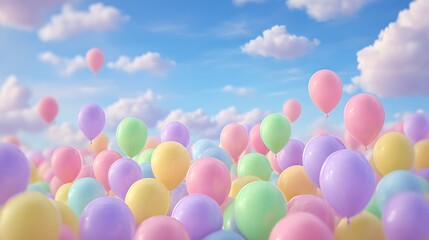 Pastel balloons float against a serene blue sky with fluffy clouds creating a dreamy celebration scene