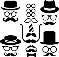 Retro gentleman's set. smoking pipe, top hat,eyeglasses, bow tie, mustache, smoke. Father's day set. Fashion vintage retro old hipster style.