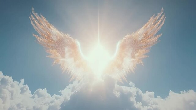 Angel wings with radiant light in sky. Heavenly glow with fluffy clouds. Divine blessing, spiritual revelation footage.
