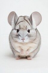 A light grey chinchilla stands still against a white background, its soft fur and large ears making it an adorable sight. The creature appears curious, with its small paws poised neatly