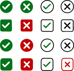 Set of simple web buttons, green check mark and red cross. vector icon Illustration