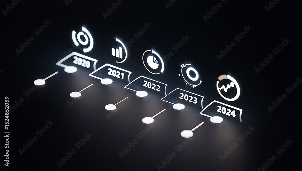 Poster white glowing timeline with year markers (2020–2024) and floating progress icons in dark void, high-