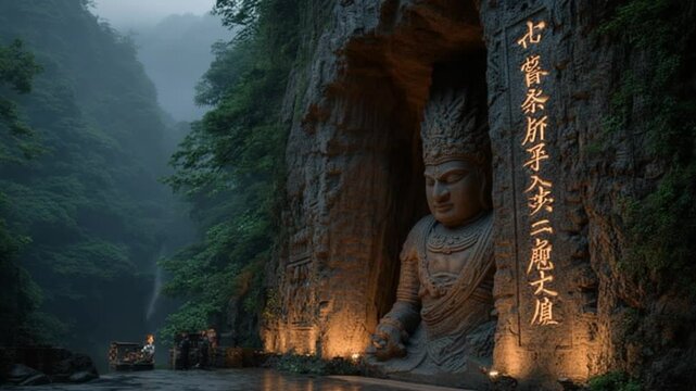 Leshan Giant Buddha Carved into Cliff Face in Sichuan China on a Foggy Day