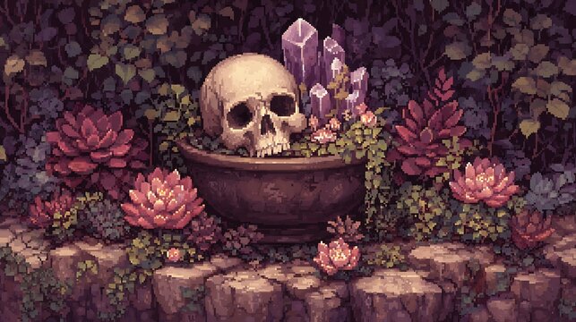 Pixel art skull and crystals composition amidst lush succulent garden in a mystical ambiance