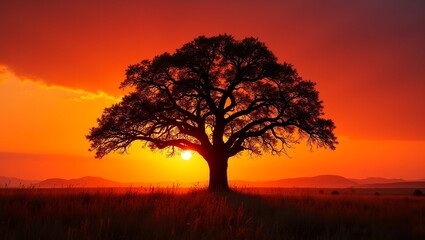 majestic tree stands silhouetted against a vibrant sunset in an open grassland. The scene evokes peace