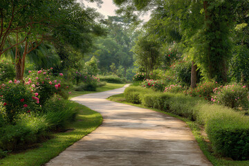 Obraz premium pathway winding through tall blooming bushes under bright sun