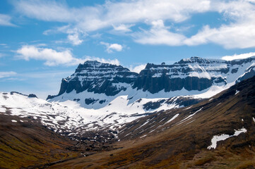 Borgarfjardarvegur Iceland, road 94 view of snow capped mountains 