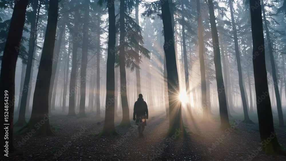 Poster a mysterious forest path, illuminated by sunlight that filters through the tall trees