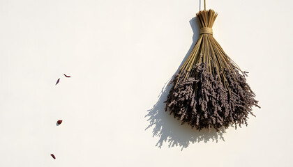 Dried lavender bouquet hanging on wall with scattered lavender petals  